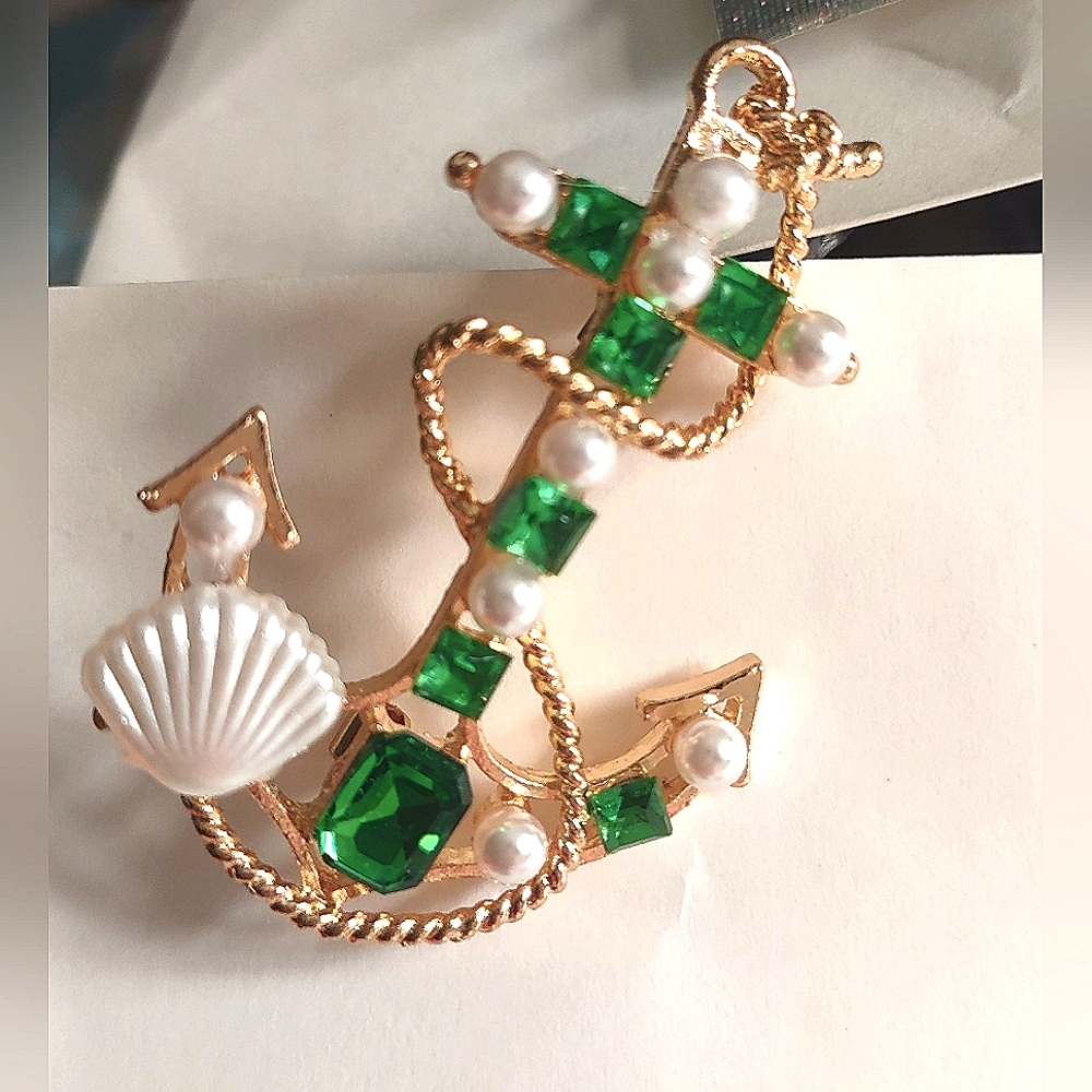 Jeweled Anchor Brooch Emerald Green & Pearl Seashell Beads